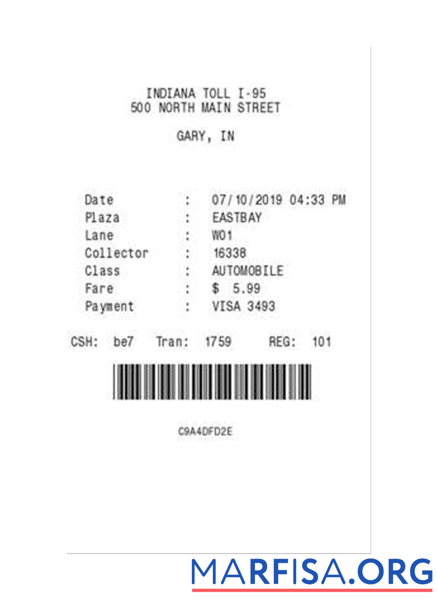 Realistic INDIANA TOLL payment check real example